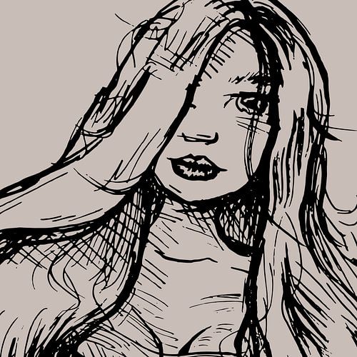 Ink drawing portrait girl with long hair - square format