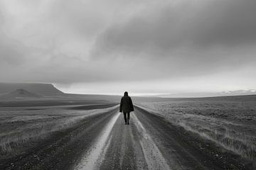 Lonely hiker - black and white photograph of an endless road by Poster Art Shop