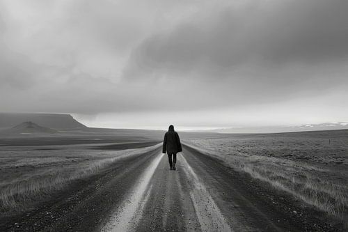 Eenzame wandelaar - zwart-wit foto van een eindeloze weg
