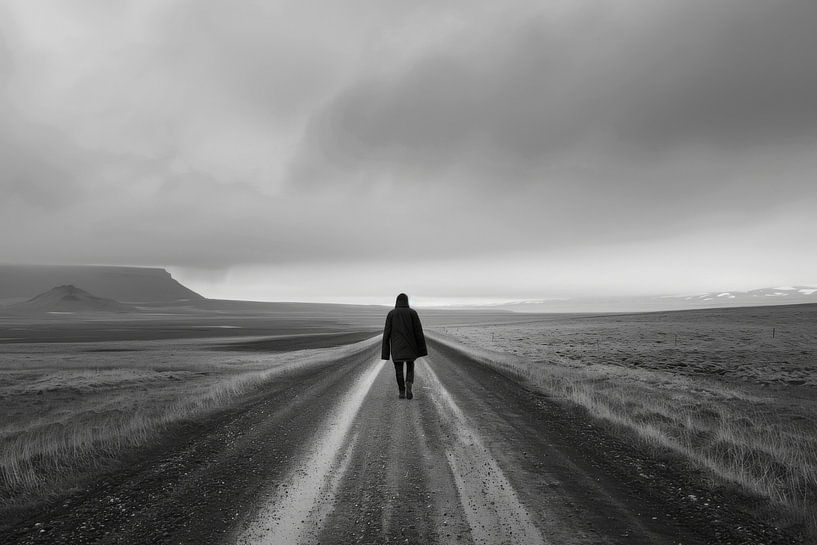 Lonely hiker - black and white photograph of an endless road by Poster Art Shop