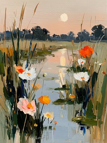 Sunset over a ditch with grass and flowers