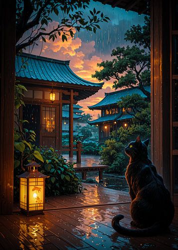 Rainy Temple Evening with Black Cat