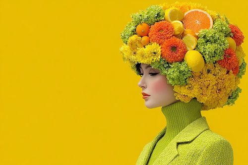 surrealistisch portret vrouw met bloemen en fruit