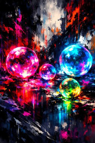 Leuchtende Sphären im Raum – Abstraktes Wandbild mit gläsernen Neon-Kugeln