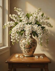 Jasmin (Jasminum sambac) in einer Keramikvase mit Blumenmuster von Regan Frederick