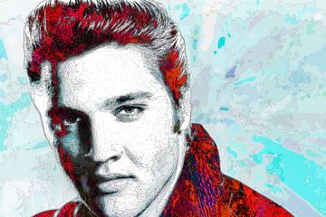 Elvis Presley Abstract Pop Art Portret in Rood met Lichtblauw van Art By Dominic