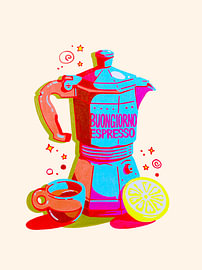 Buongiorno Espresso – Art print featuring a mocha pot and a lemon by Marco Müller-Vo