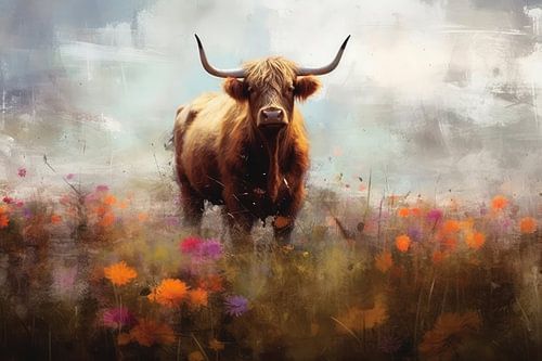 Un montagnard écossais parmi les fleurs sauvages