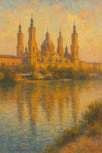 Reflexion der Basilika del Pilar in Zaragoza – Impressionistische Kunst: Sonnenuntergang über dem Ebro