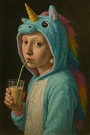 Fillette en costume de licorne avec boisson sur Poster Art Shop