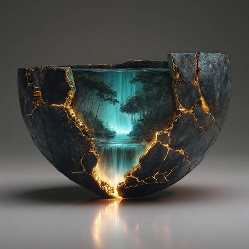Turquoise waterfall and forest in a half-stone vase