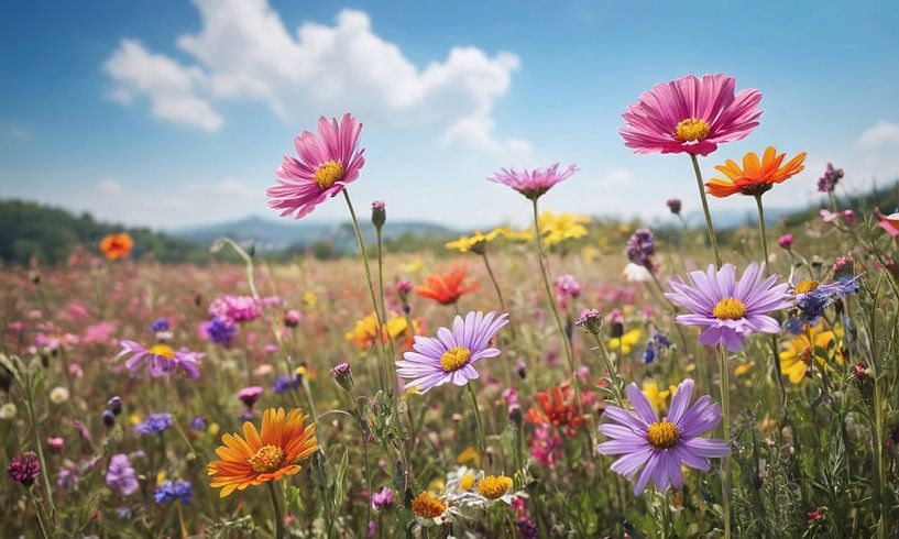 Ein Blumenfeld mit einem blauen Himmel im Hintergrund von 1xMerch