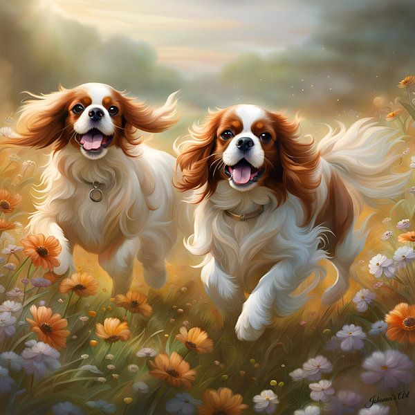 Épagneul Cavalier King Charles jouant dans un champ de fleurs par Johannas Art Creations