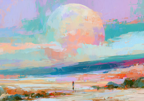 Abstract pastel landscape with a huge moon and a wanderer