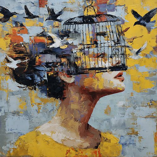 Vrouw met vogelkooi op het hoofd – Vogels ontsnappen