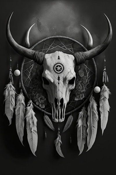 The powerful tale of a bull skull and dreamcatcher by Vlindertuin Art