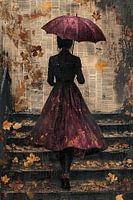 Femme avec parapluie en automne - peinture nostalgique et rêveuse