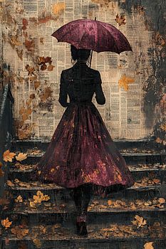 Vrouw met paraplu in de herfst - nostalgisch en dromerig schilderij