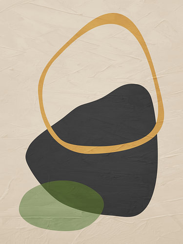 Abstracte, geometrische, minimalistische kunst met organische vormen in aardetinten.