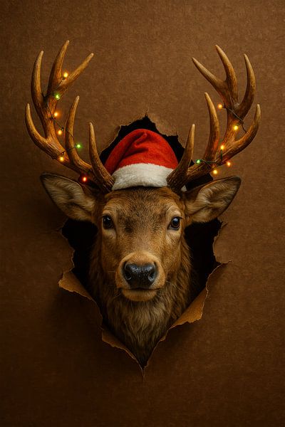 Weihnachtsporträt eines Rehs mit Lichtergirlande und Weihnachtsmannmütze durch zerrissenes Papier von But First Framing