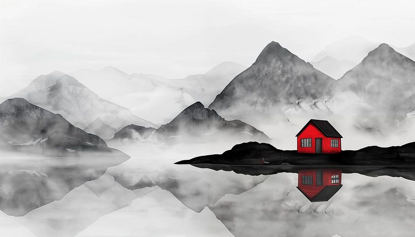 Rotes Haus in nebligen Bergen künstlerisch gestaltet von TheXclusive Art