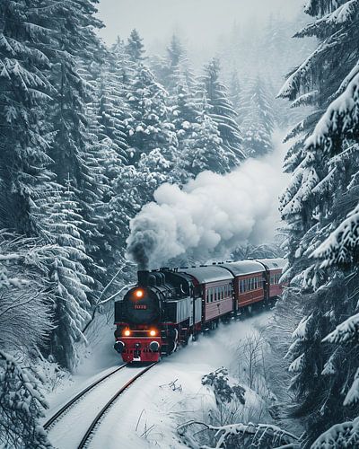 Historic train in the winter forest