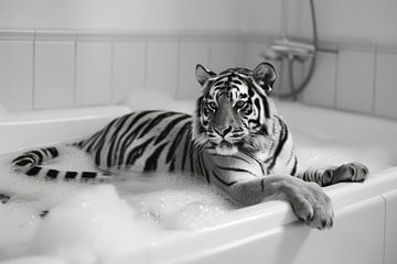 Majestueuze tijger in bad - Een indrukwekkende badkamerfoto voor je toilet van Poster Art Shop