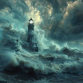 Dramatic lighthouse scene in a storm with lightning by Felix Brönnimann