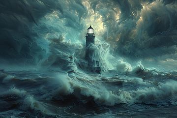 Dramatic lighthouse scene in a storm with lightning by Felix Brönnimann