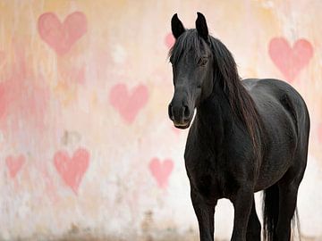 Cheval noir et cœurs roses sur Vlindertuin-Art