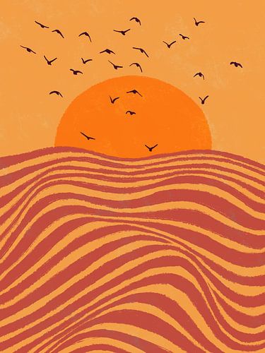 Afrikanische Landschaft abstrakte wogende Wellen mit Vögeln und orange Sonne