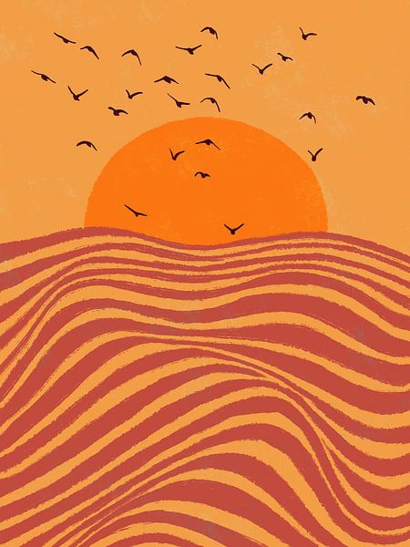 Afrikaans landschap abstract golvende golven met vogels en oranje zon van All Africa