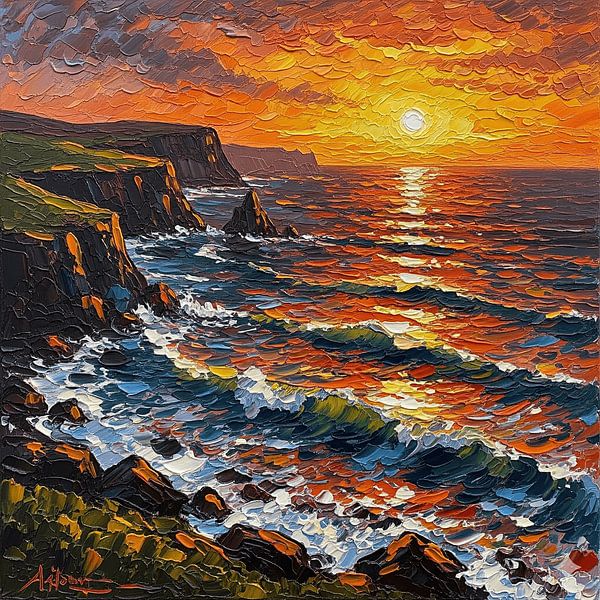 Falaises du coucher du soleil : Un paysage marin d'empâtement texturé aux reflets dorés par Artistic