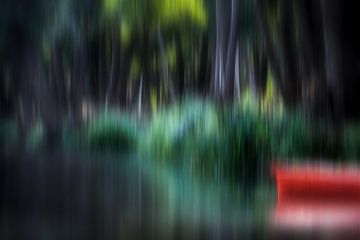 de rode boot op de donkere rivier van URS.INHO