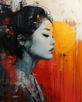 Modern and abstract portrait in red and yellow by Carla Van Iersel