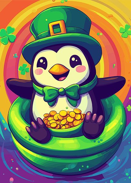 Pinguïn met klaverhoed en gouden schat van Pixelbull Design
