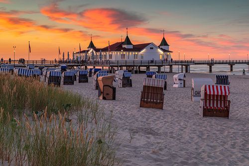 Pier on Ahlbeck beach at sunset