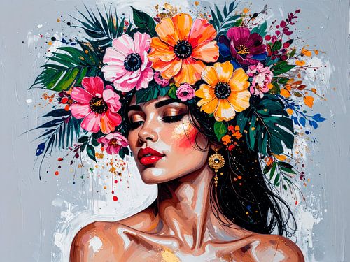 Porträt im Ibiza-Stil mit tropischen Blumen
