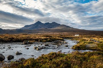 Mountain peaks Sgùrr nan Gillean with cottage and stream in foreground on Isle of Skye by Annette Schoof