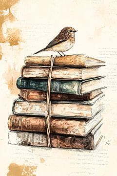 Vogel en stapel vintage boeken van Art & Soul Creations