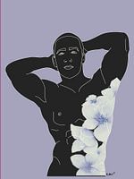 Obsidian Essence – Zelfverzekerde zwarte mannelijke lijnkunst met blauwe bloemenprint, sfeervolle
