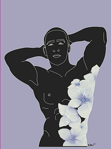 Obsidian Essence – Confident Black Male Line Art with Blue Floral Overlay, Moody Masculine Nude Wall Print.