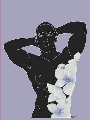 Obsidian Essence - Confident Black Male Line Art with Blue Floral Overlay, Moody Masculine Nude Wall Print.
