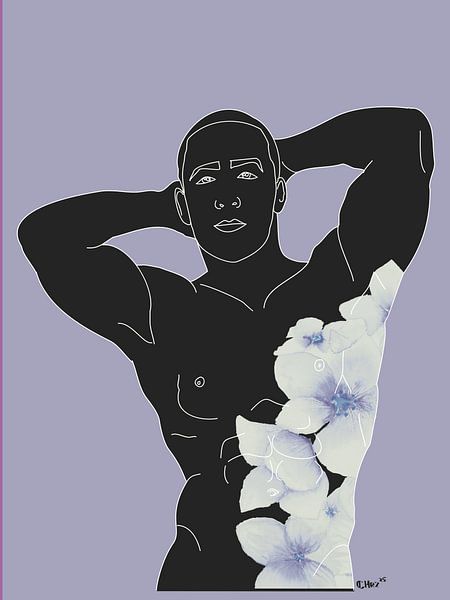 Obsidian Essence – Selbstbewusste schwarze männliche Linienkunst mit blauem Blumenmuster, stimmungsv von Chrz - AquaPixelFusion