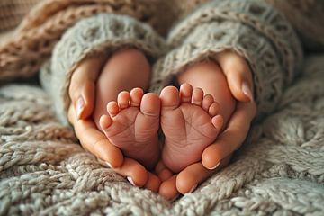Moeder houdt de voeten van haar pasgeboren baby in haar handen. van Animaflora PicsStock