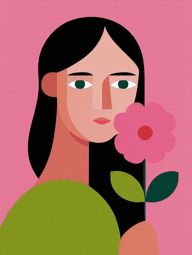 Minimalist portrait of woman with a pink flower, graphic art