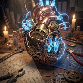 Mechanisches Steampunk-Herz mit leuchtend blauen Kristallen auf einer Werkbank von Clay Artista