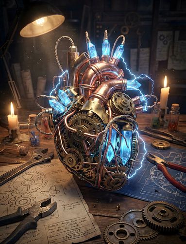 Steampunk mechanisch hart met blauw oplichtende kristallen op een werkbank