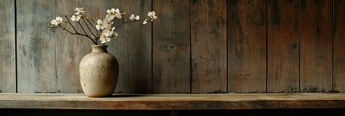 Smalle vaas met witte bloesems tegen houten achterwand panorama