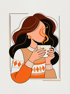 Küchenkunst: Grafische Illustration einer Frau mit einer Tasse heißen Kaffees